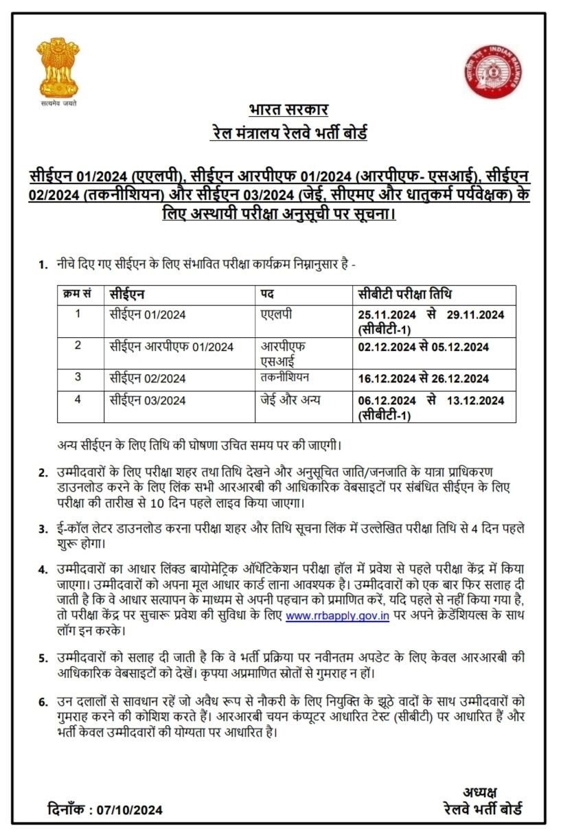 RRB ALP Exam Date 2024